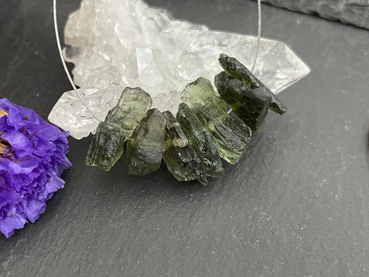 Raw Moldavite beads 12-16mm long - lot of 7 beads
