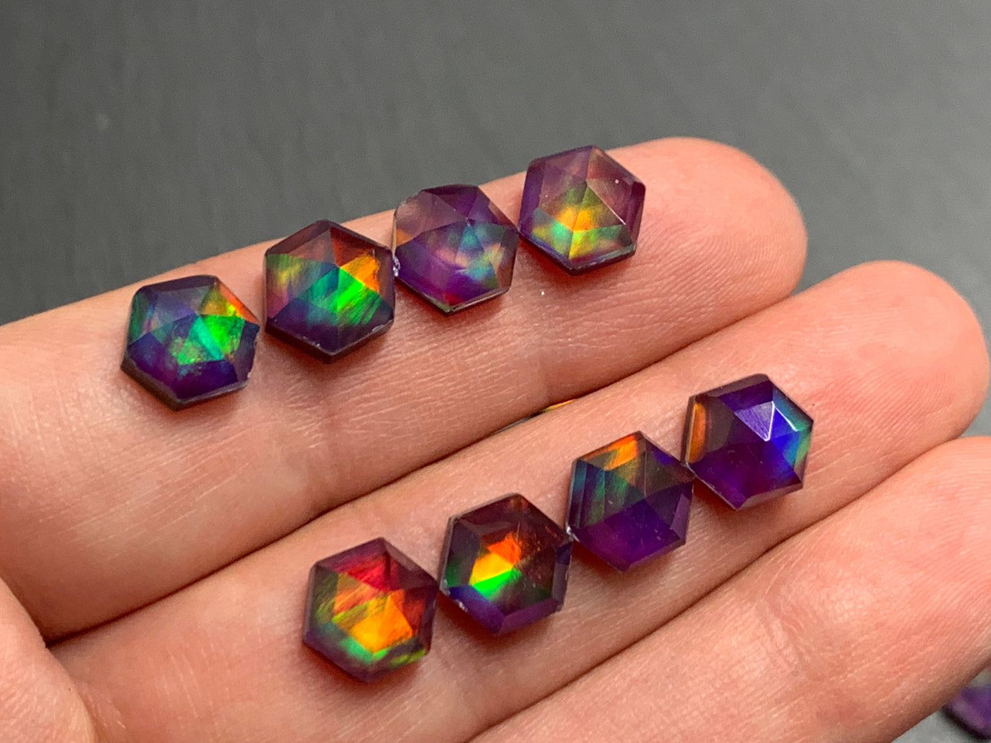Faceted Aurora Opal hexagon 7mm & 8mm cabochon - doublet cabochons