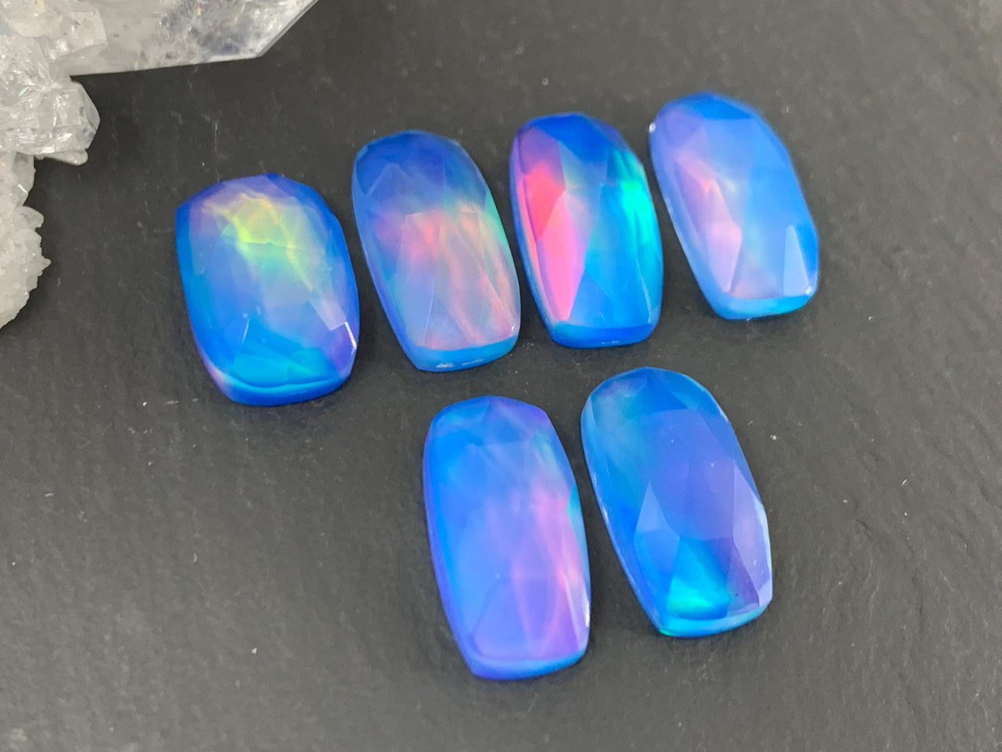 Faceted Aurora Opal rectangle 7x14mm long doublet cabochons