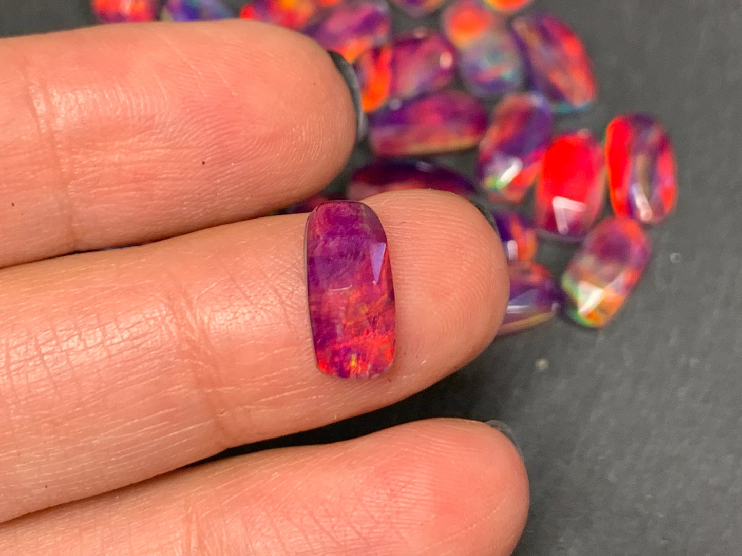 Faceted Aurora Opal rectangle cushion 6x12mm cabochon - Doublet cabochons