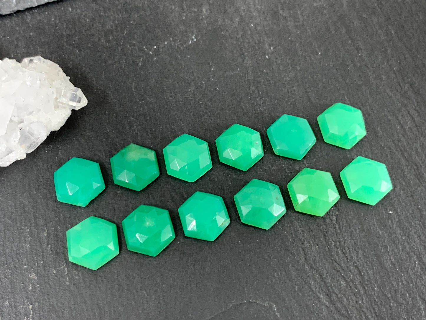Faceted Chrysoprase Cabochon - 10mm Hexagonal Faceted Green Jewel for Jewelry Making