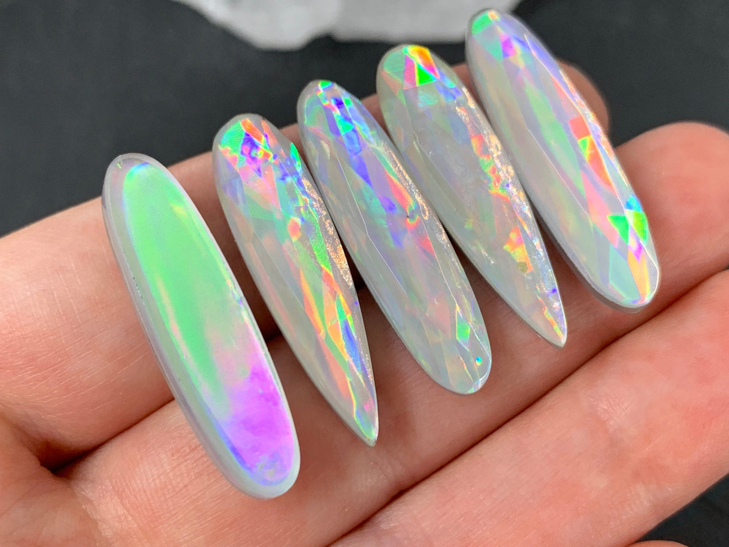 Faceted Mystic Rainbow Quartz pear, oval 8x30mm cabochon doublet