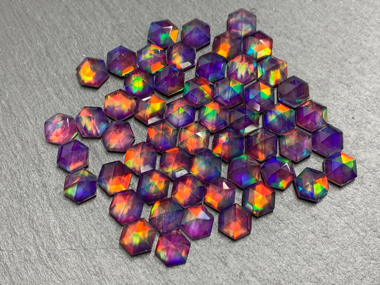 Faceted Aurora Opal hexagon 7mm & 8mm cabochon - doublet cabochons