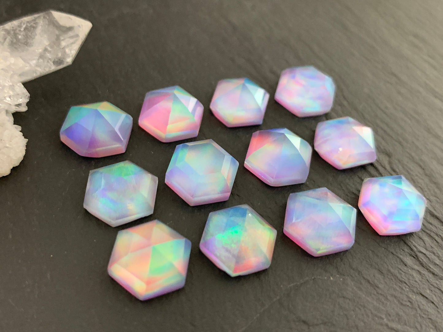 Faceted Aurora Opal hexagon 10mm cabochon - Doublet cabochons