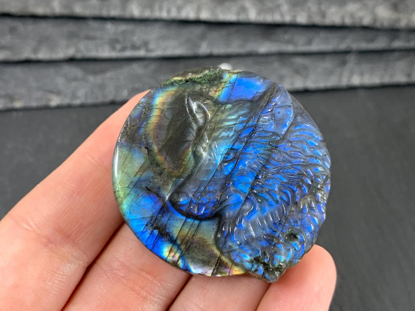 Wolf Labradorite Carving - Natural 40mm Flat Back Gemstone Wolf Shape