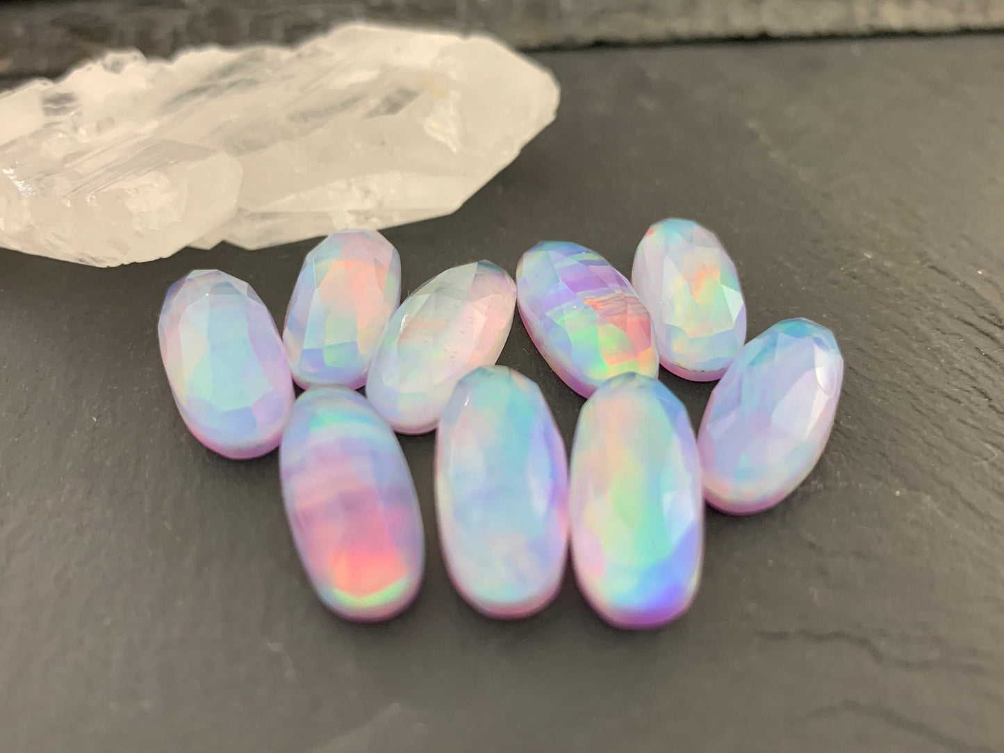Faceted Aurora Opal oval 8x20mm cabochon - Doublet cabochon