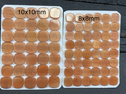 Flat Gold SunStone square cushion 8mm, 10mm cabochon - Calibrated cabochons