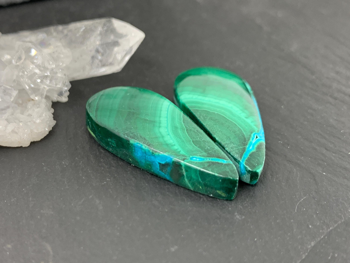 Malachite Chrysocolla pear 12x29x4.5mm cabochon pair