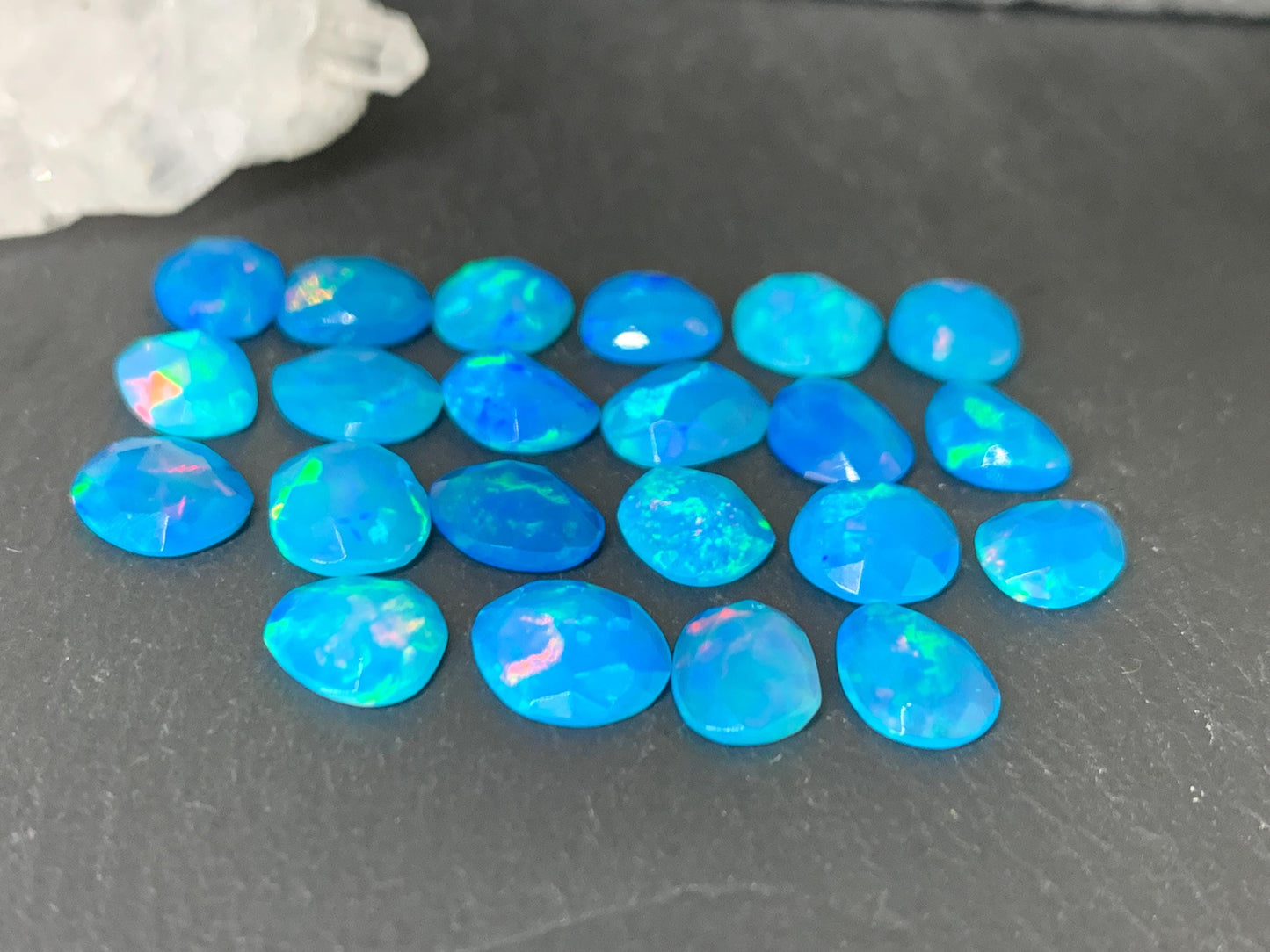 Faceted Blue Ethiopian Opal 8-9mm long cabochon