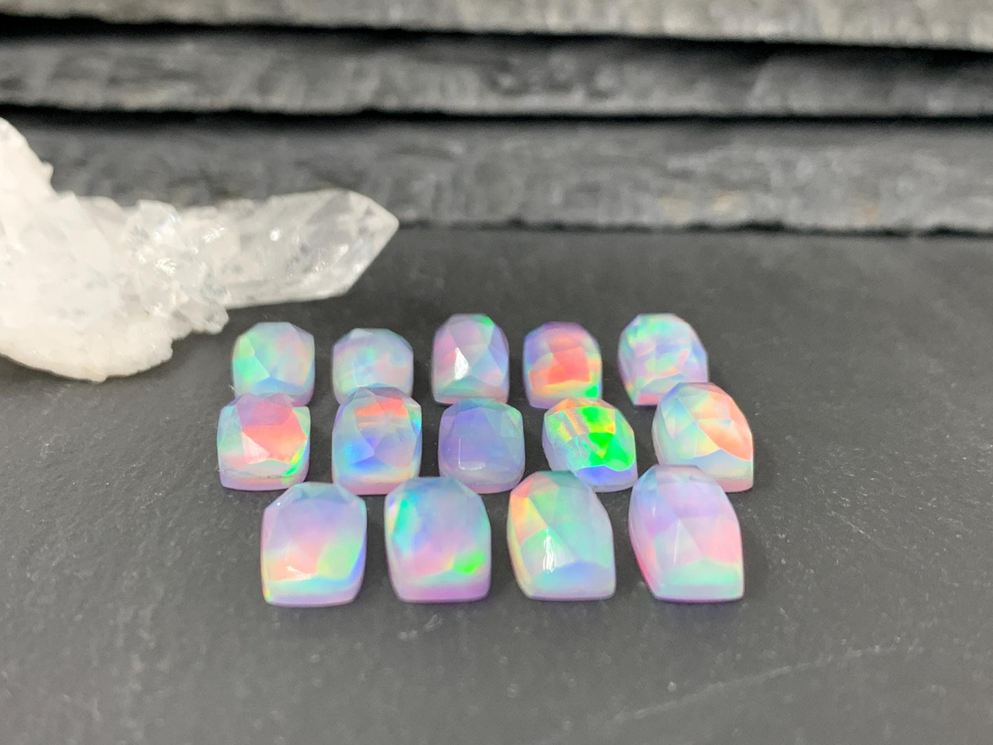 Faceted Aurora Opal rectangle 6x12mm cabochon - Doublet cabochon