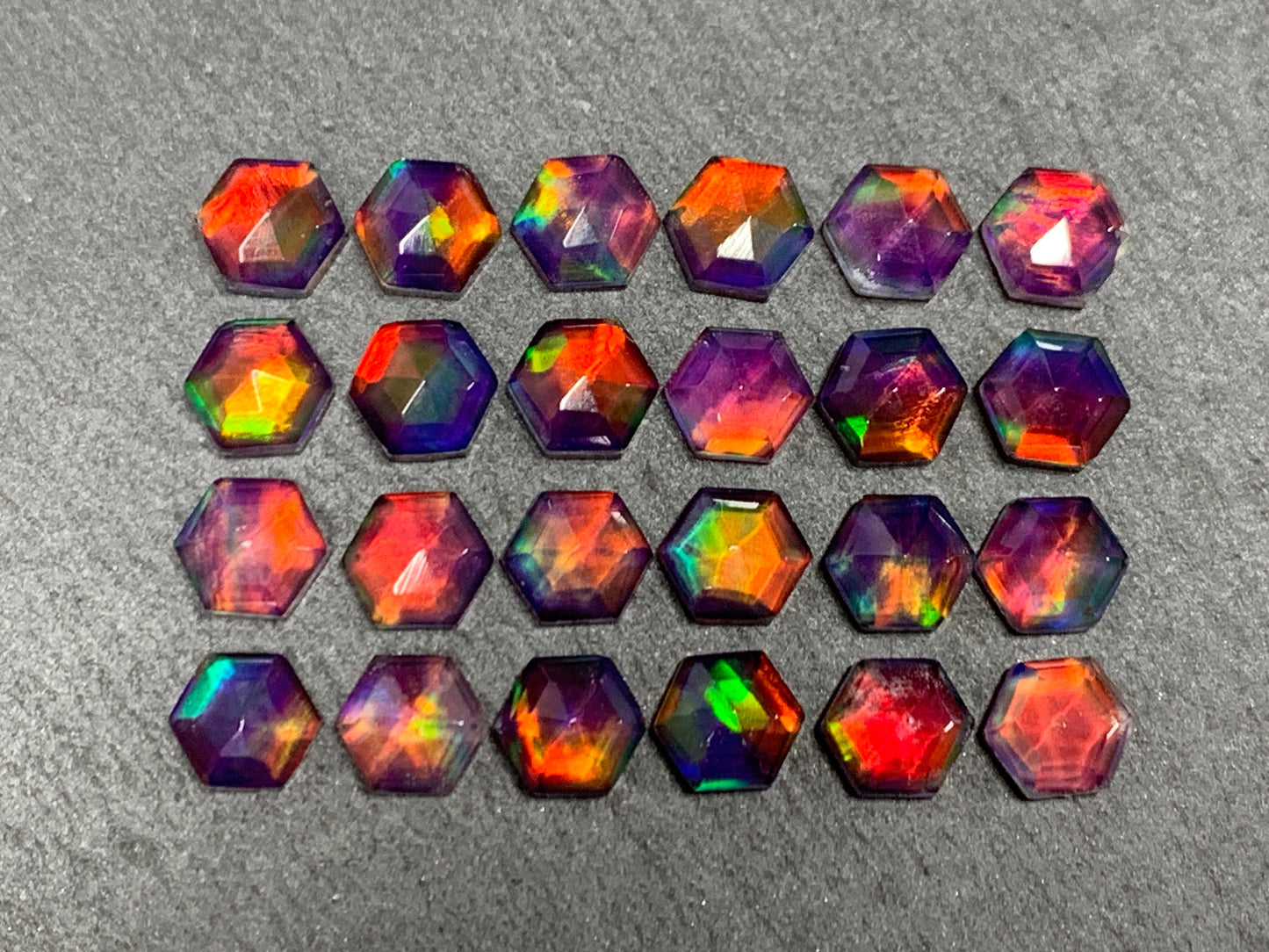 Faceted Aurora Opal hexagon 7mm cabochon - Doublet cabochons