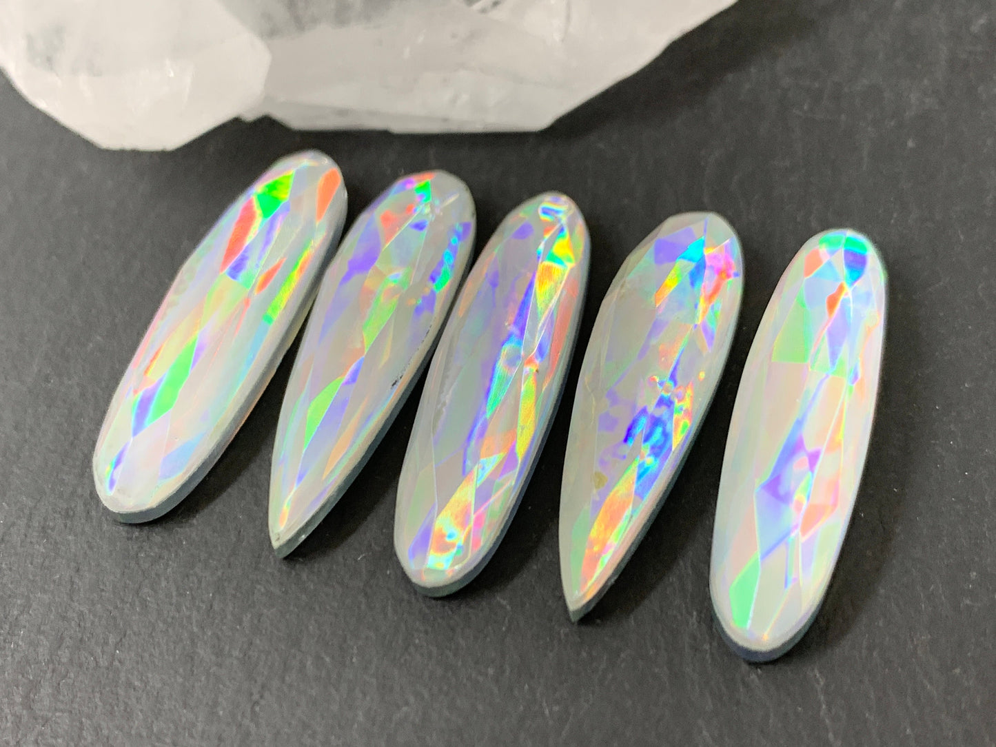 Faceted Mystic Rainbow Quartz pear, oval 8x30mm cabochon doublet