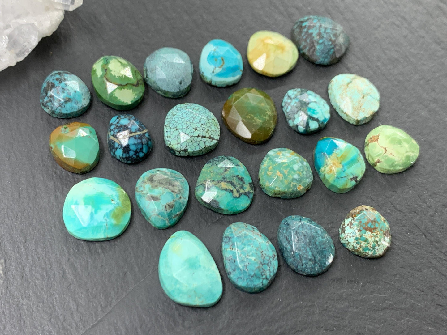 Faceted Tibetan Turquoise Pair long Cabochon - Hand Cut Cabochon