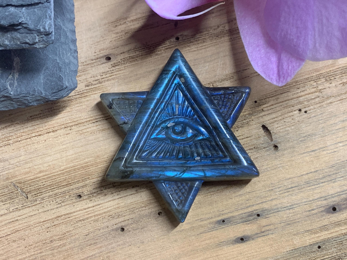 Labradorite All Seeing Eye 46x41 mm Carving. Hand Carved Labradorite Merkaba Star