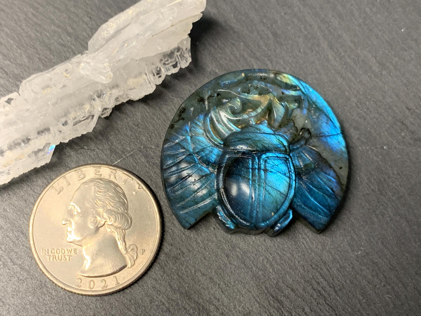 Labradorite Scarab Carving: Ancient Egyptian Eye of Horus Symbol of Protection (34x30mm)