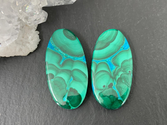Malachite Chrysocolla oval 12x24x4mm cabochon pair