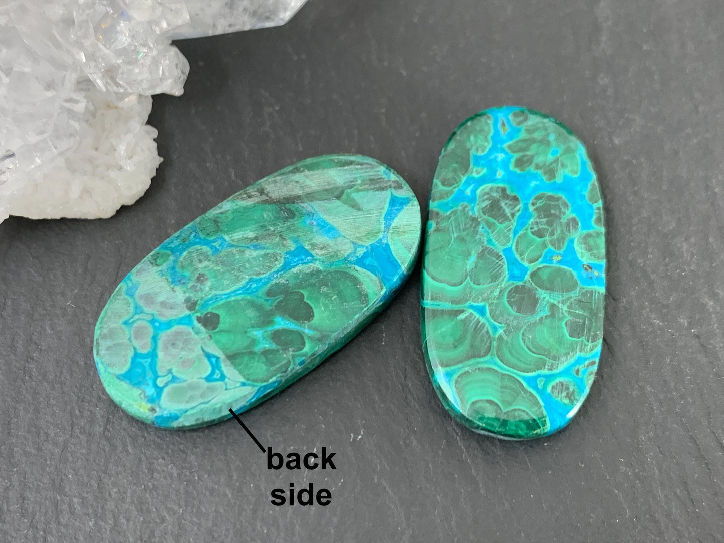 Malachite Chrysocolla oval 14x28x4mm cabochon pair