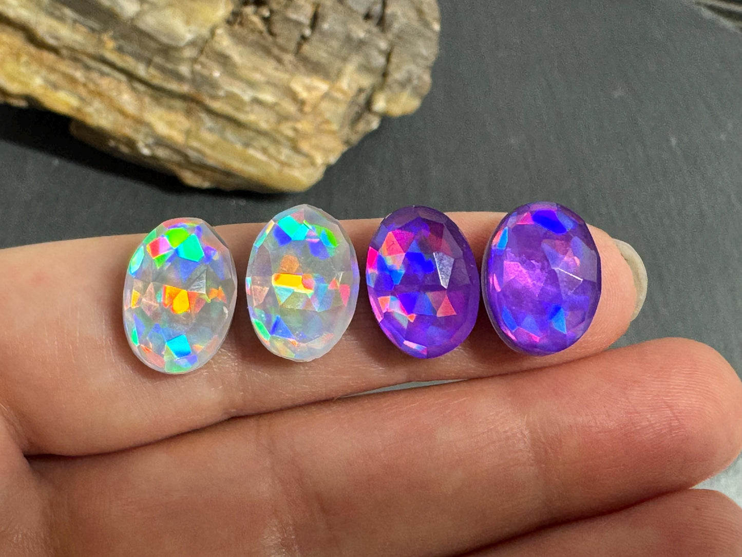 Faceted Purple & Silver Mystic Quartz oval 10x14mm cabochons - Doublet cabochons