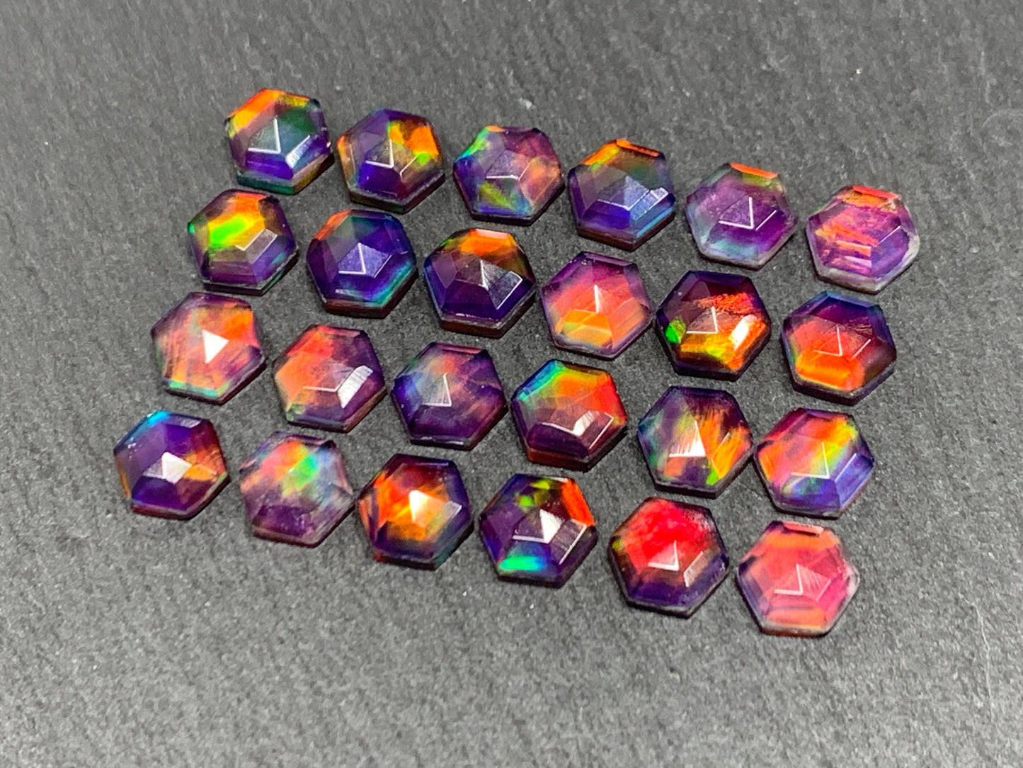 Faceted Aurora Opal hexagon 7mm cabochon - Doublet cabochons