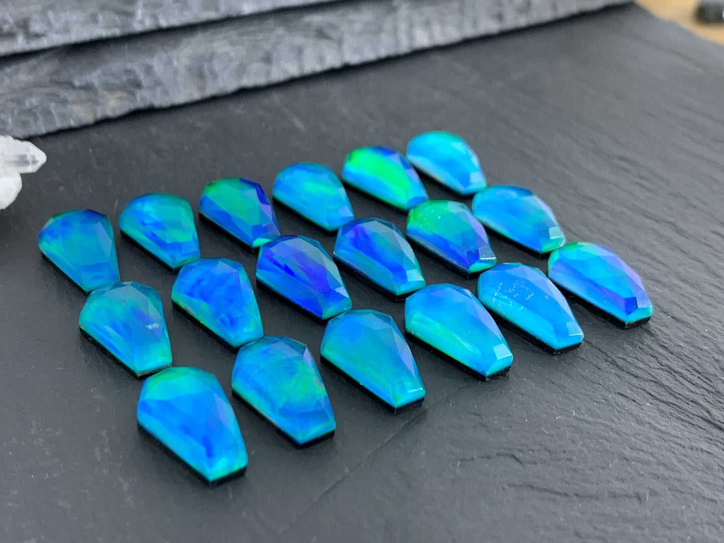 Faceted Aurora Opal coffin 10x16mm cabochon - Doublet cabochons