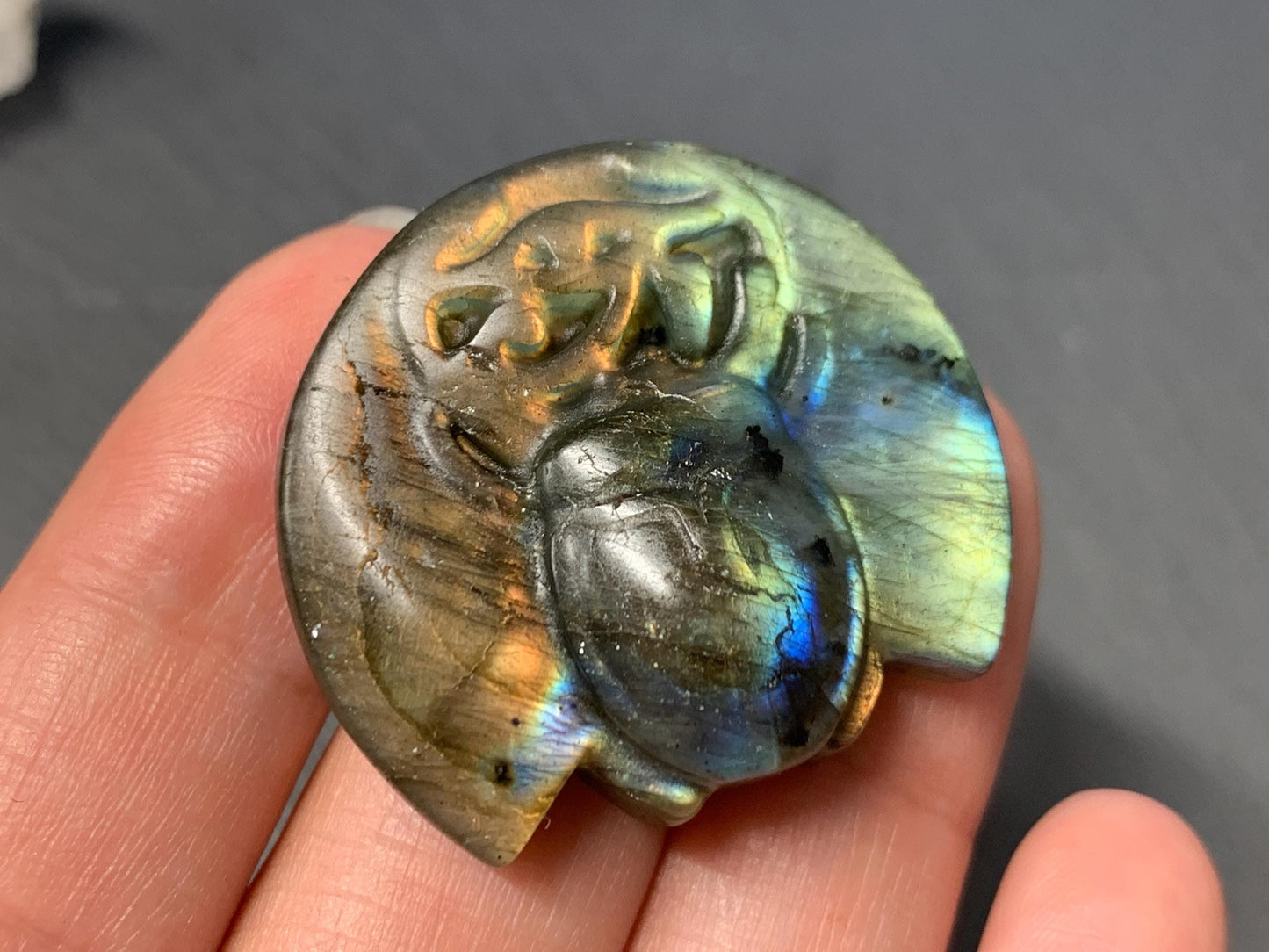 Labradorite Scarab Carving: Ancient Egyptian Eye of Horus Symbol of Protection (34x31mm)