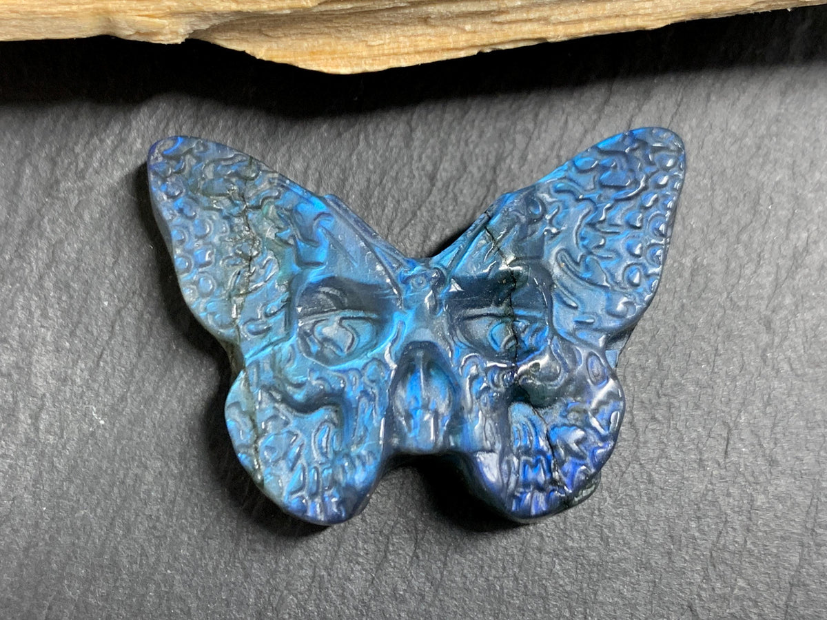 Labradorite Ghost Face Butterfly 41x29mm Flat Back Carving, Natural Labradorite