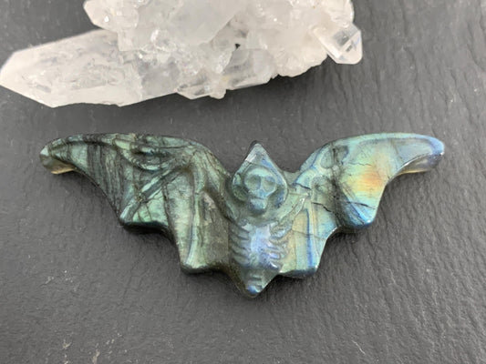 Labradorite skeleton bat 18x48mm flat back carving