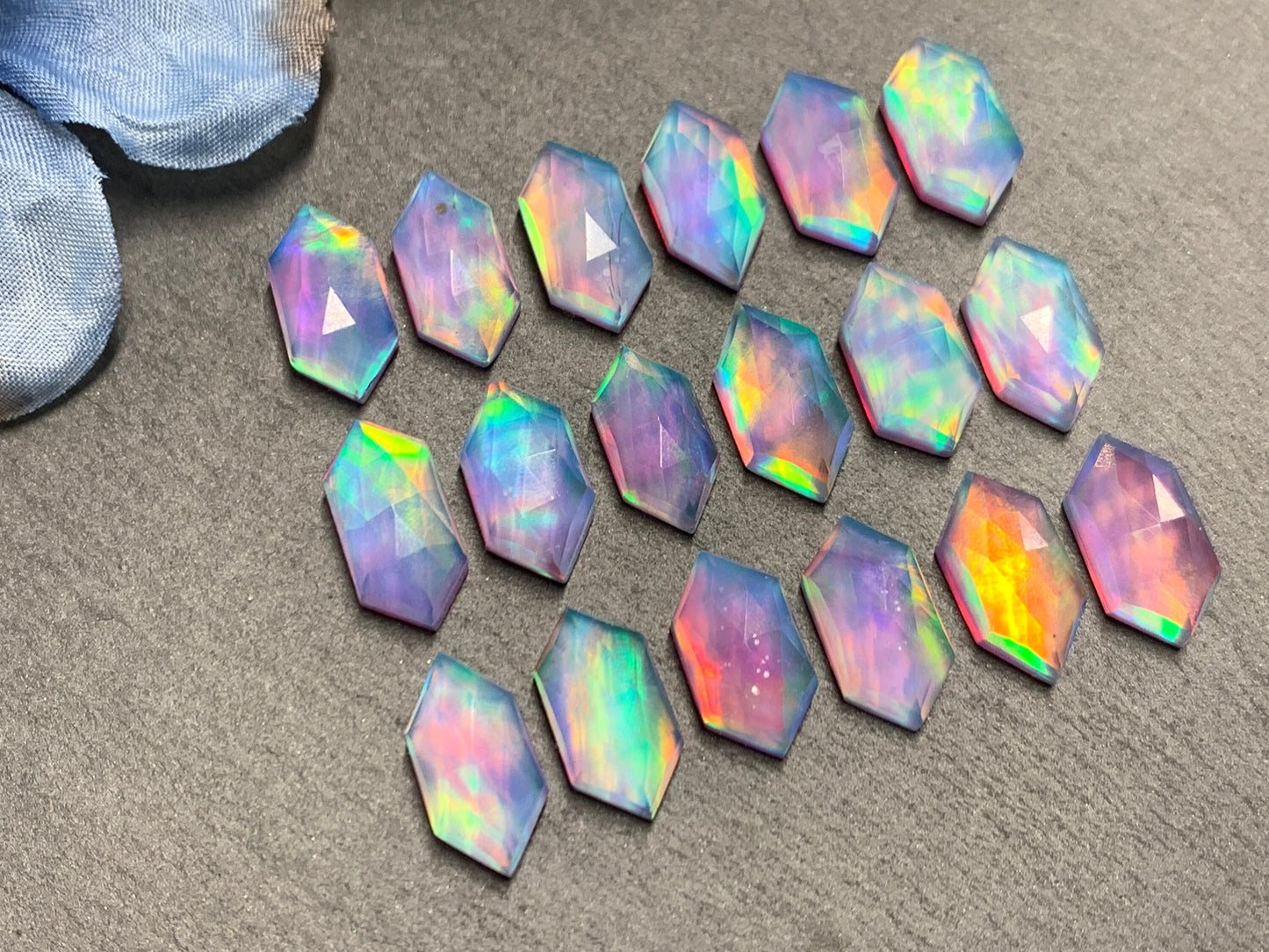Faceted Aurora Opal long hexagon 8x16m cabochon - Doublet cabochons