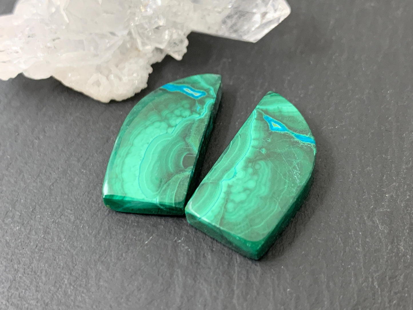 Malachite Chrysocolla free form 11x21x4mm cabochon pair