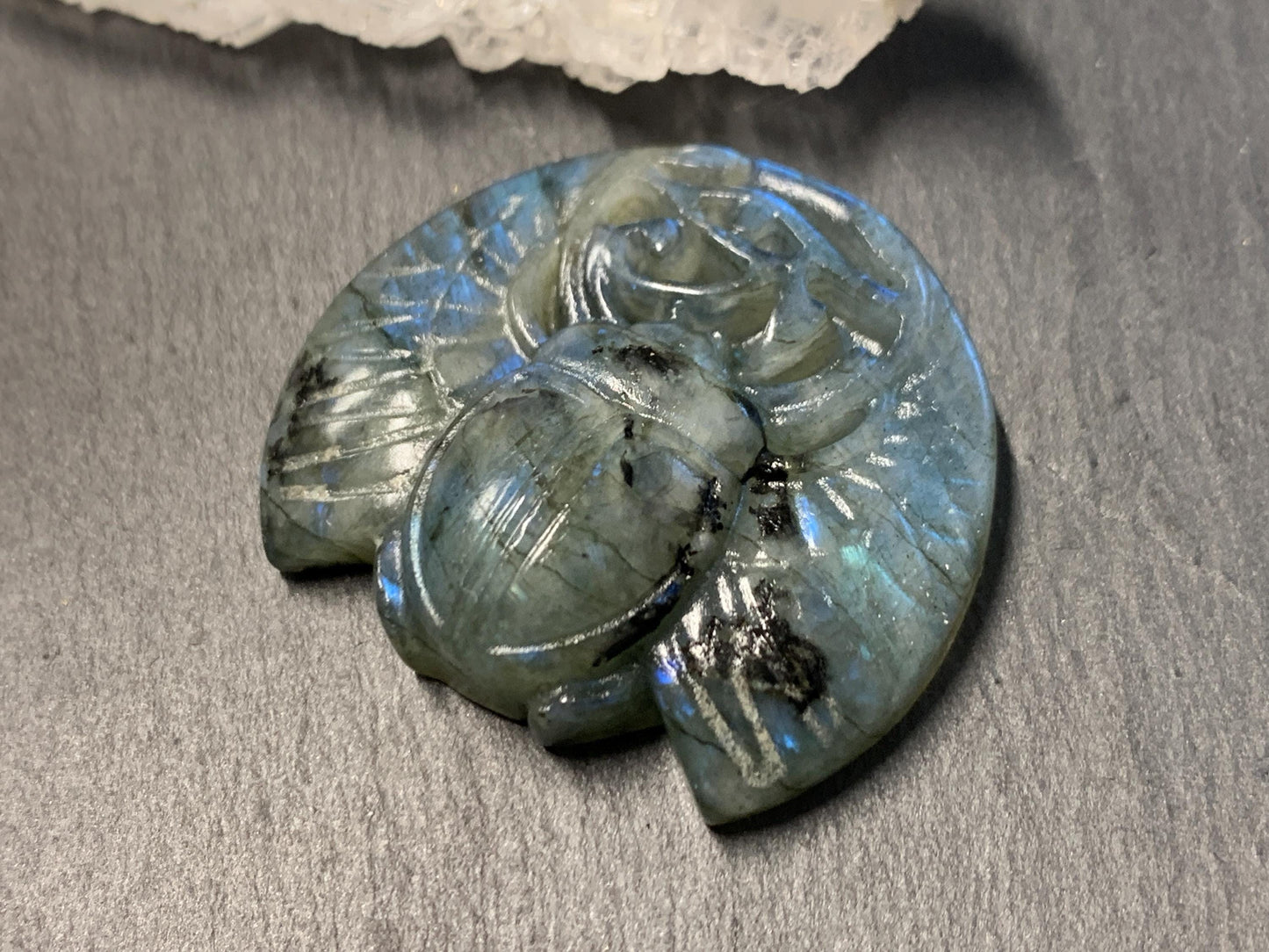 Labradorite Scarab Carving: Ancient Egyptian Eye of Horus Symbol of Protection (34x30mm)