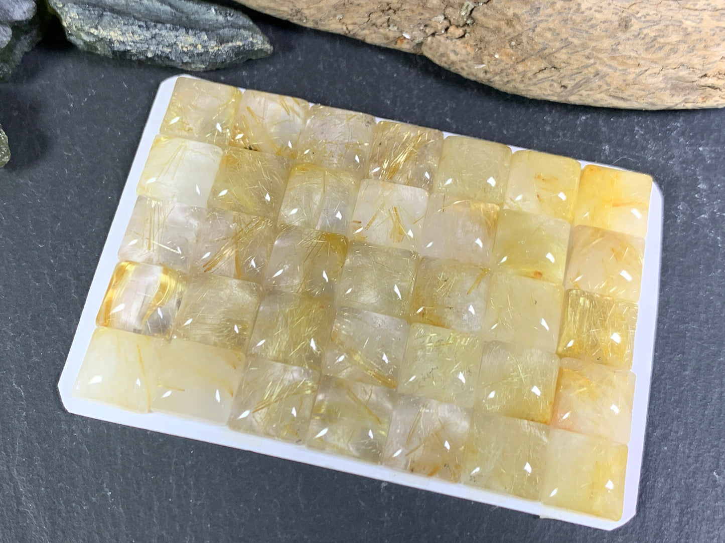 Gold Rutilated Quartz square 10mm cabochon - Calibrated cabochons