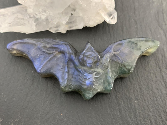 Labradorite skeleton bat 19x49mm flat back carving