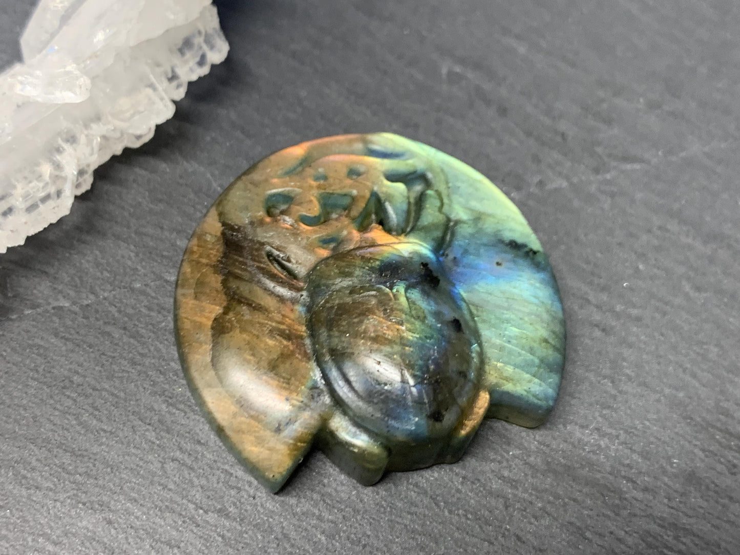 Labradorite Scarab Carving: Ancient Egyptian Eye of Horus Symbol of Protection (34x31mm)
