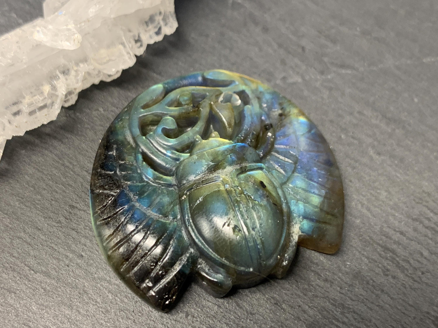 Labradorite Scarab Carving: Ancient Egyptian Eye of Horus Symbol of Protection (34x31mm)