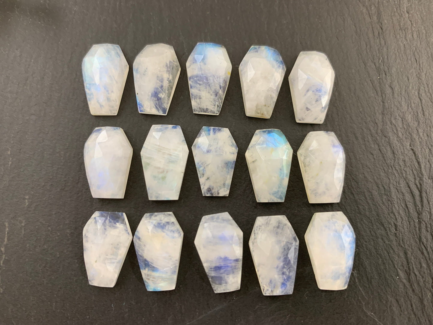 Faceted Raiblow Moonstone coffin 10x16mm cabochon