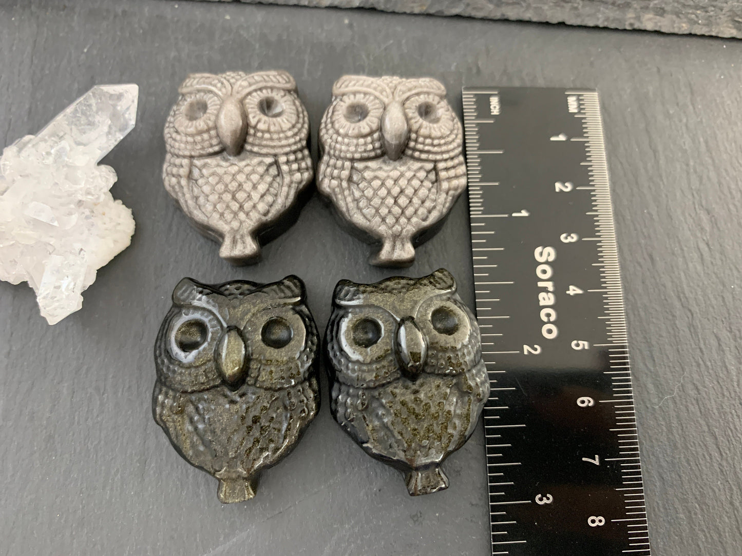 Silver & Gold Obsidian owl cabochon carving