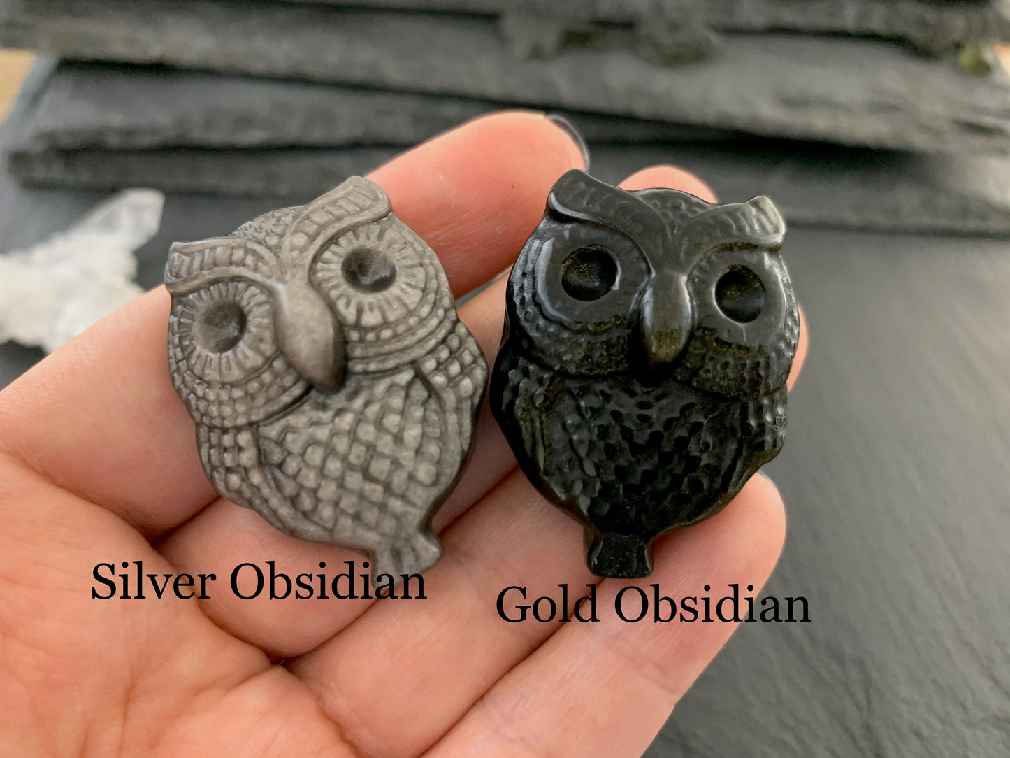 Silver & Gold Obsidian owl cabochon carving
