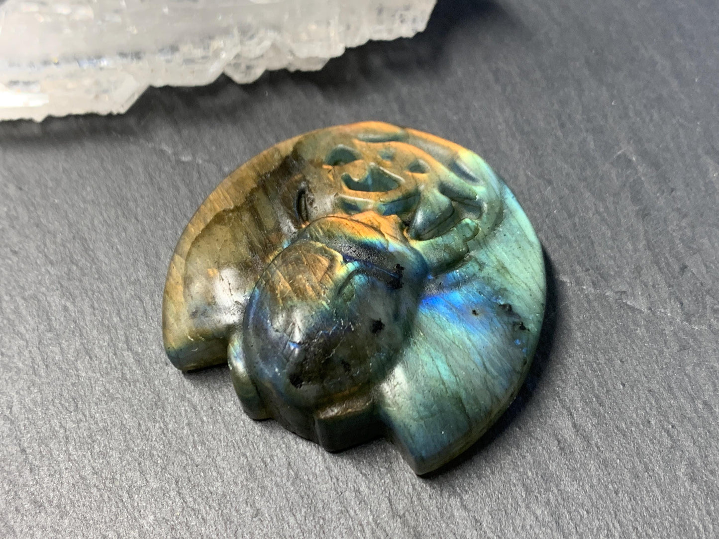 Labradorite Scarab Carving: Ancient Egyptian Eye of Horus Symbol of Protection (34x31mm)