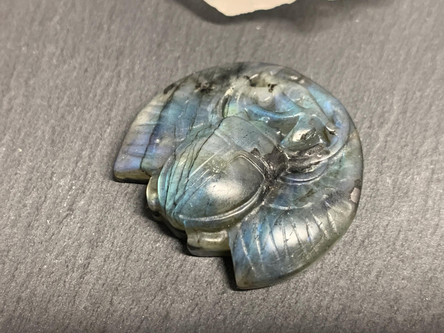 Labradorite Scarab Carving: Ancient Egyptian Eye of Horus Symbol of Protection (34x31mm)