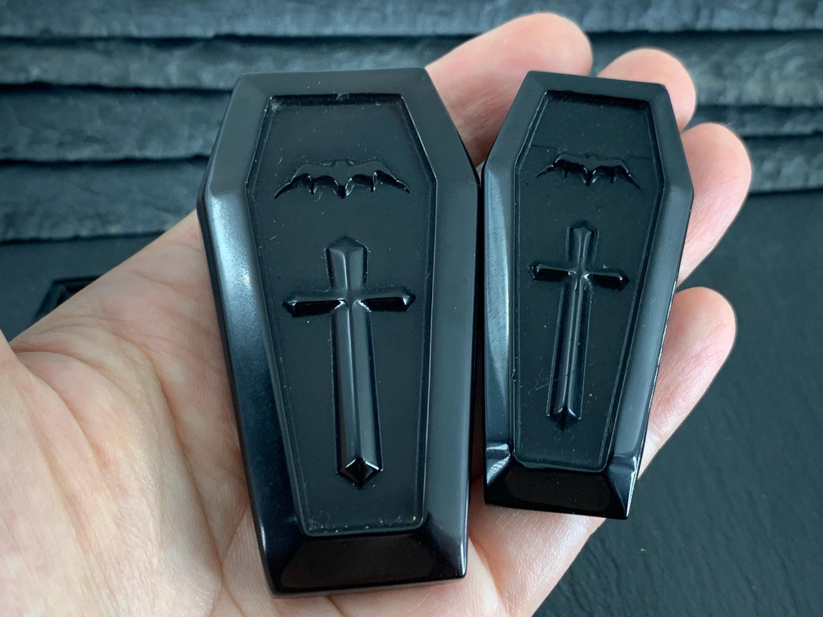 Large Black Obsidian Coffin 56-74mm long Carving - Healing Crystal Decor