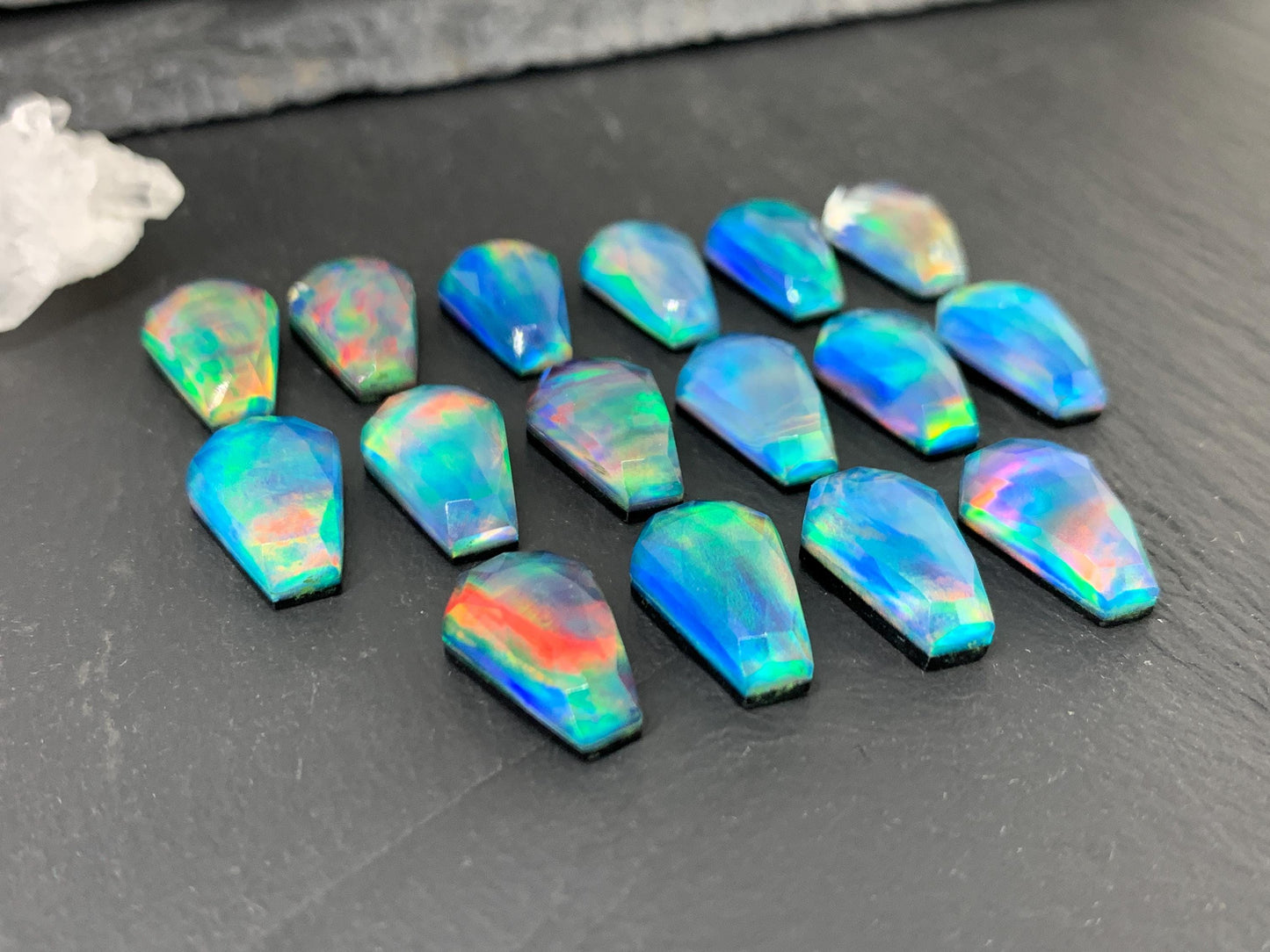 Faceted Aurora Opal coffin 10x16mm cabochon - Doublet cabochons