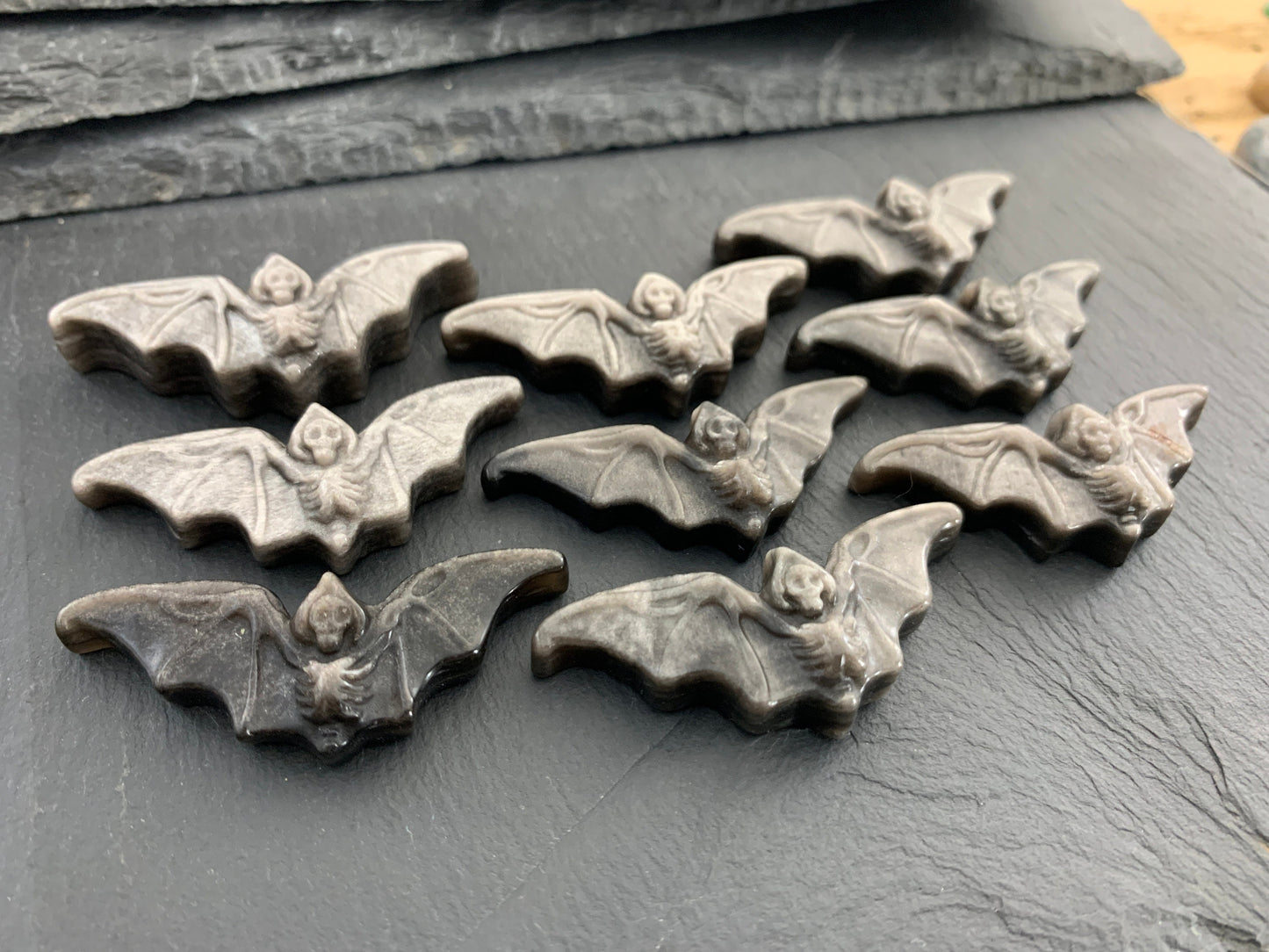 Silver Obsidian Bat Carving - Flat Back Carving