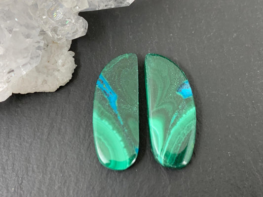 Malachite Chrysocolla free form 8x22x3mm cabochon pair