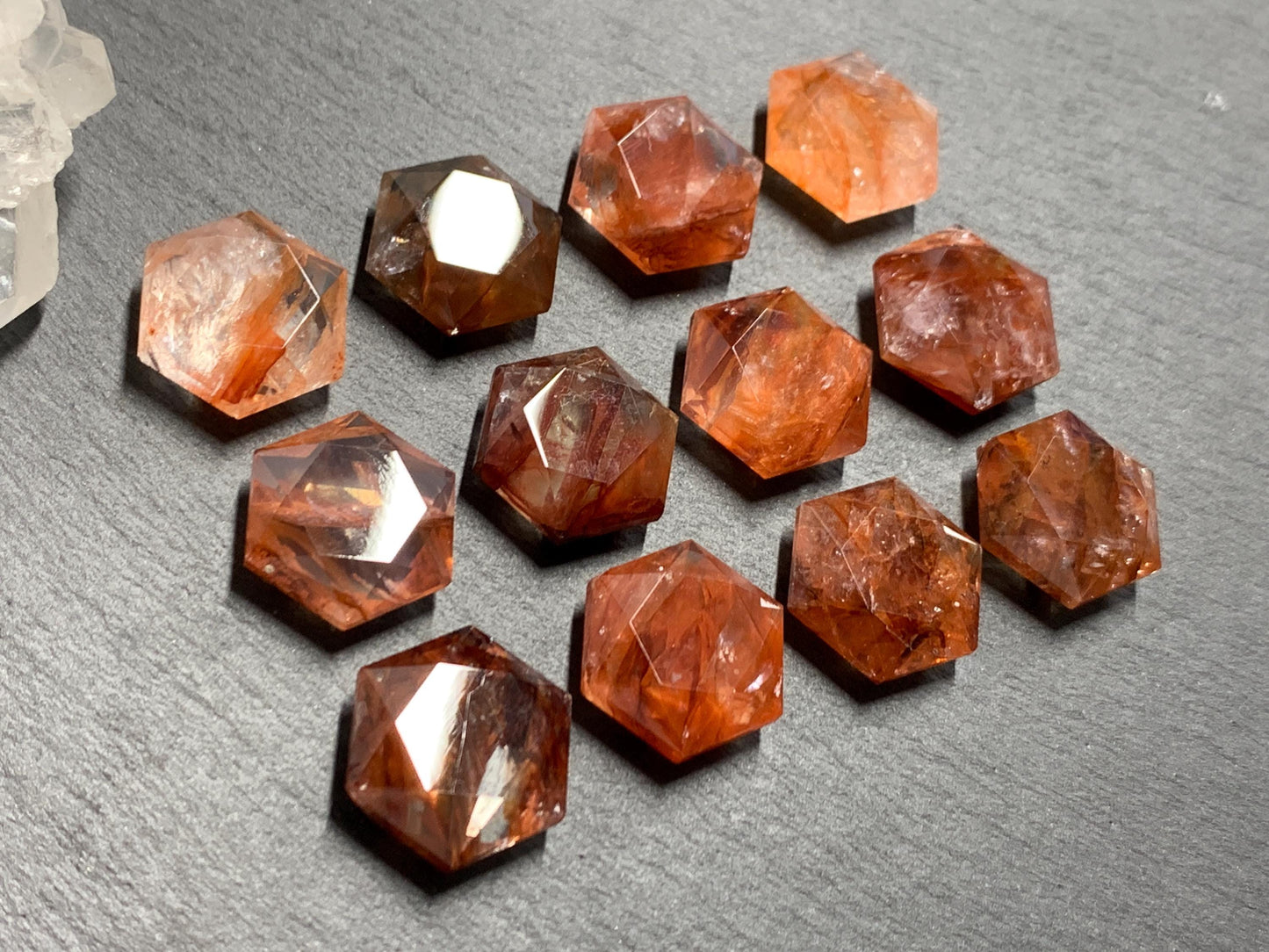 Fire Quartz hexagon 18x21mm faceted from both sides - not a cabochon