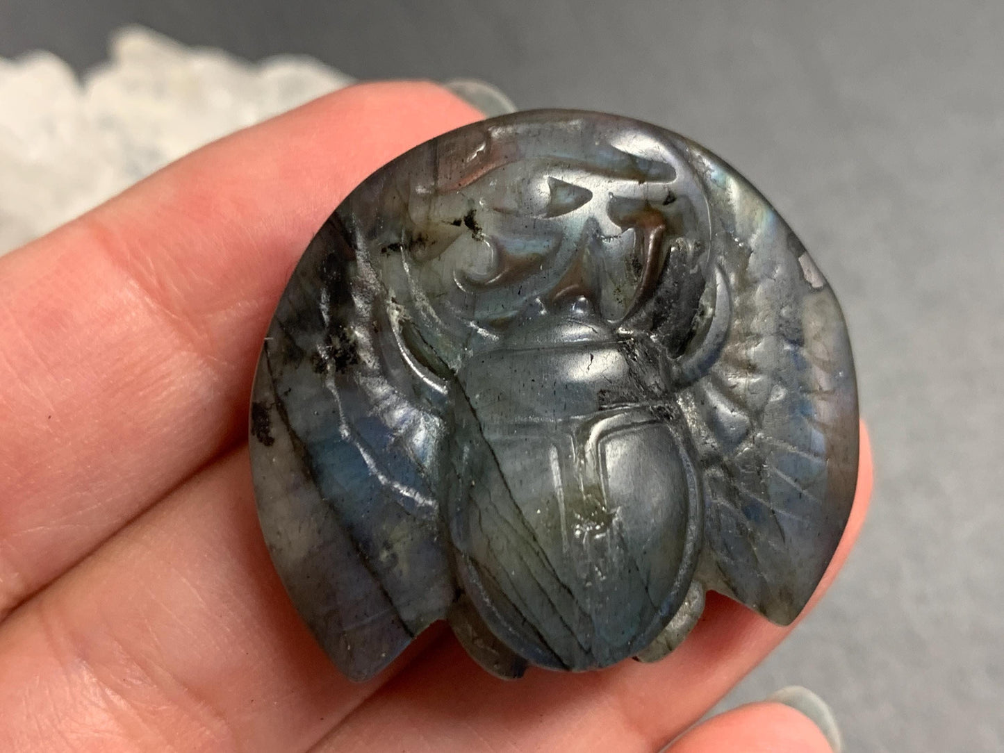 Labradorite Scarab Carving: Ancient Egyptian Eye of Horus Symbol of Protection (34x31mm)