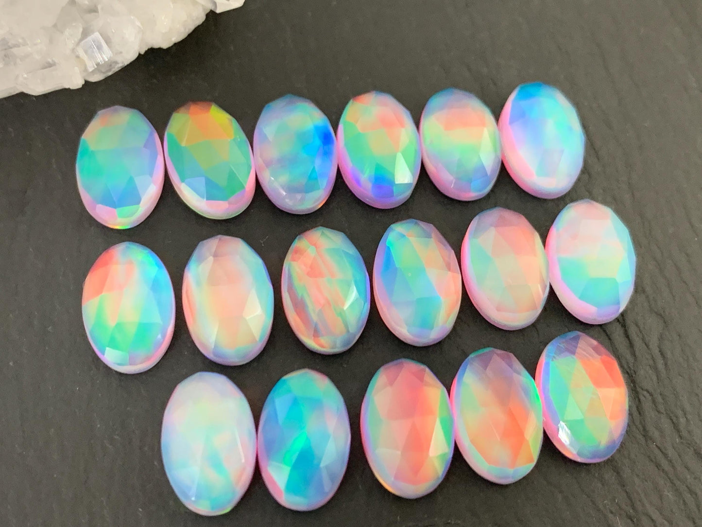 Faceted Aurora Opal oval 8x12mm cabochons - Doublet cabochons
