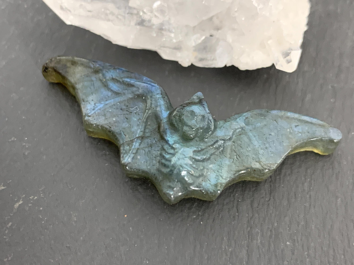 Labradorite skeleton bat 18x48mm flat back carving