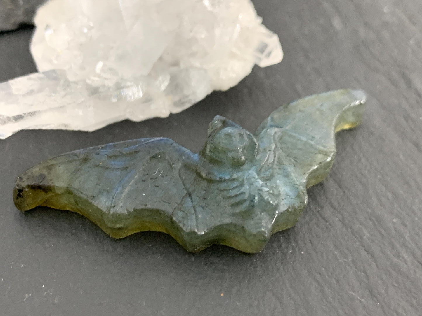 Labradorite skeleton bat 18x48mm flat back carving