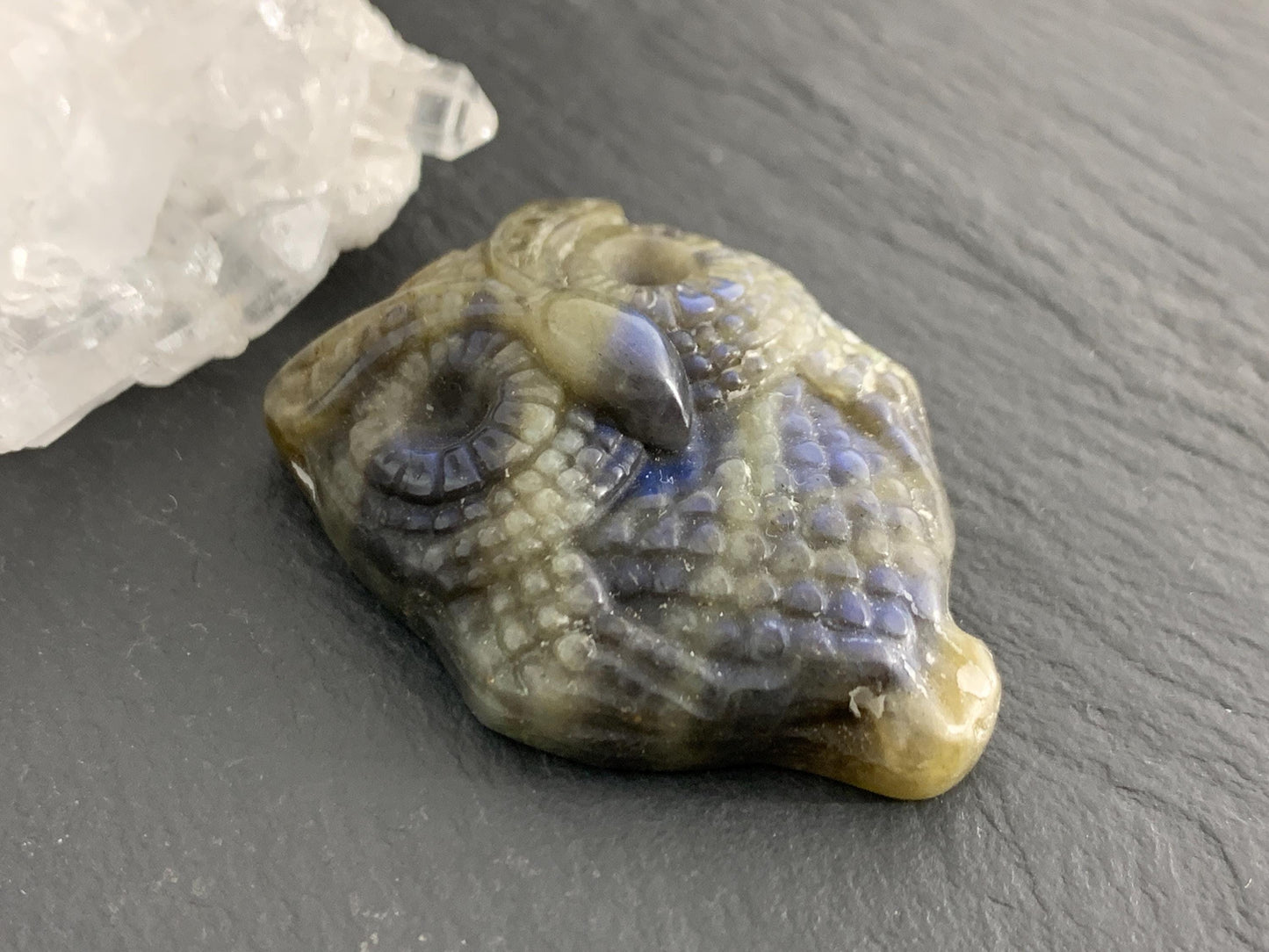 Labradorite owl 26x36mm cabochon carving