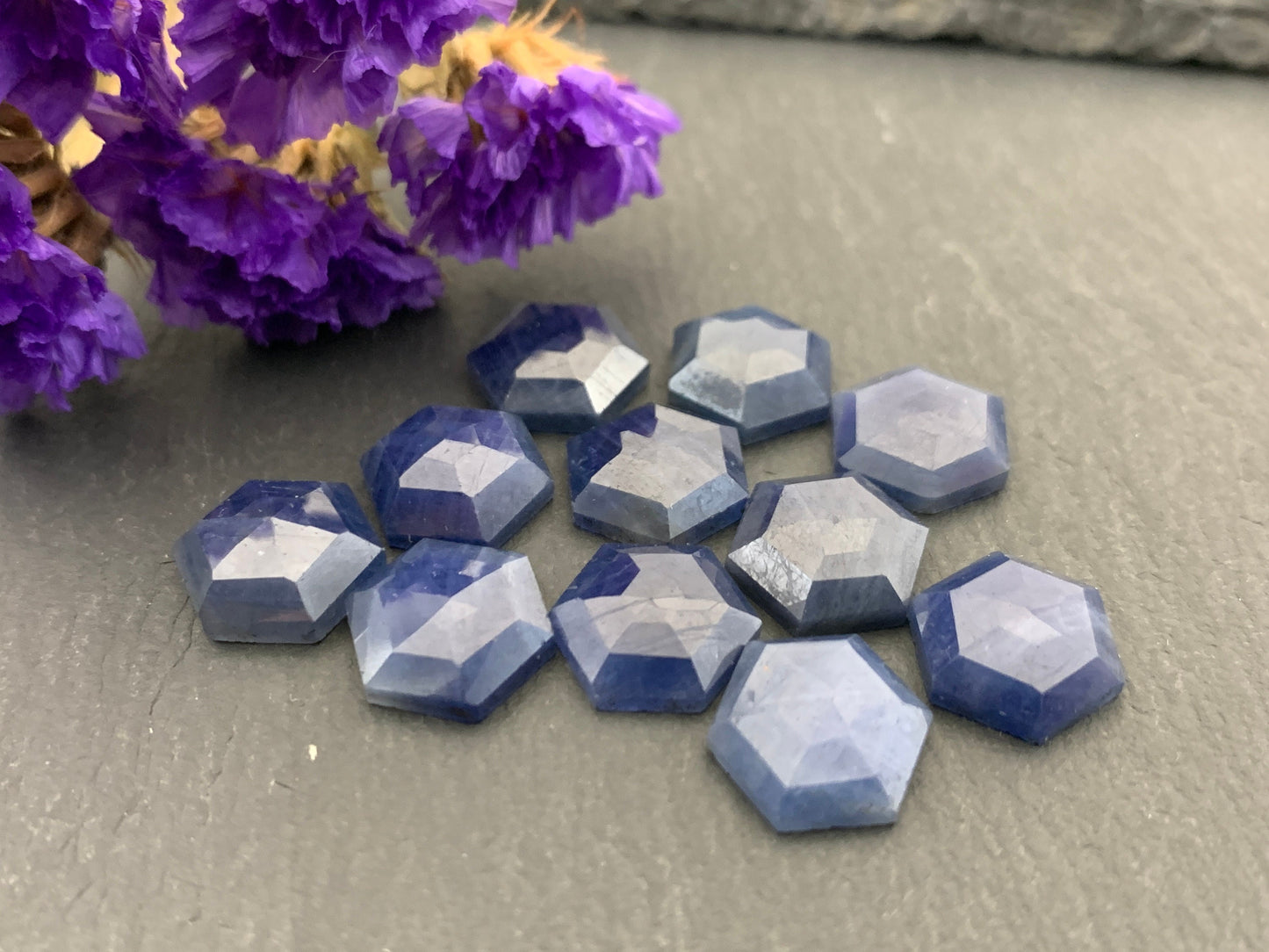 Faceted Blue Sapphire hexagon 10mm cabochon